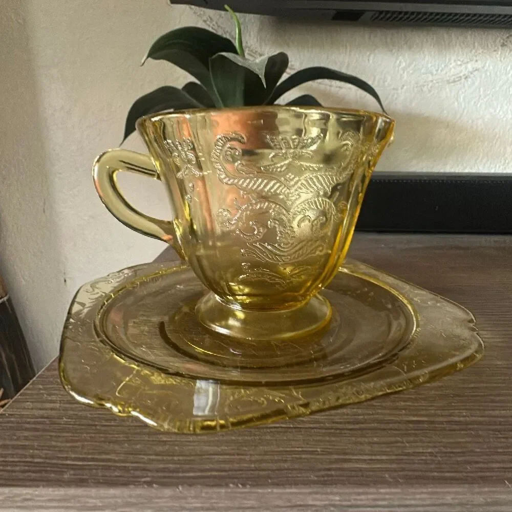 Vintage Federal Glass Yellow Depression Glass Creamer & saucer vintage glass